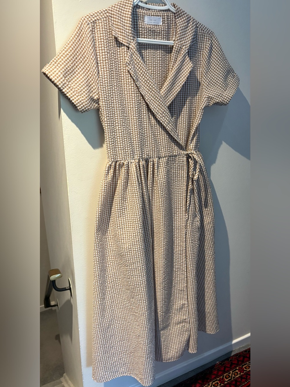 OAK + FORT Beige Check Wrap Midi Dress